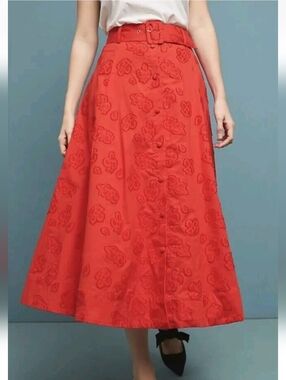 Anthropologie Maeve Sandra Belted Red A-line Highwaisted 50's Vintage Midi Skirt